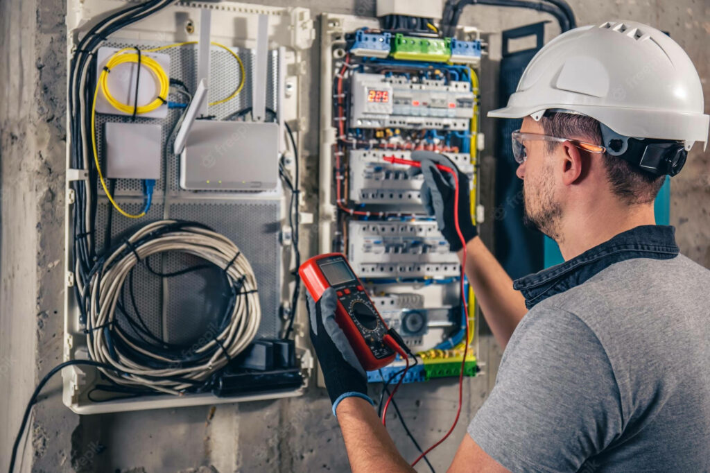 Professional Electrician Testing Fuse Box Voltage: Safety First Wallpaper