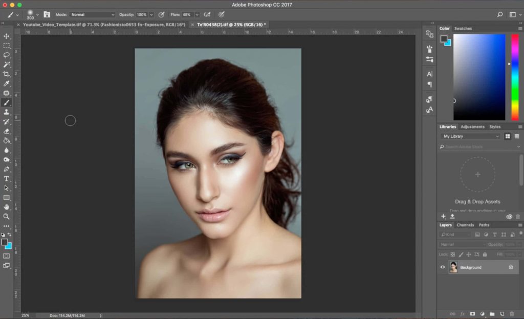 Adobe Photoshop CC 2017 workspace showing professional face retouching on a high-quality portrait Wallpaper