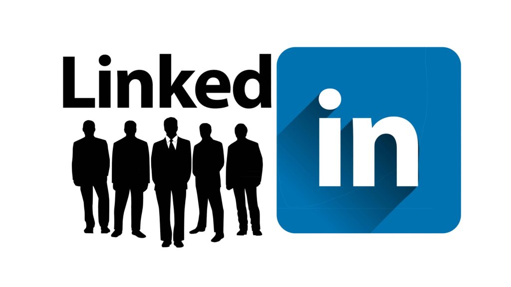 LinkedIn wallpaper with five black businessman silhouettes and blue logo on white background