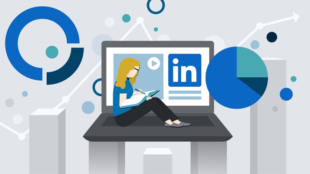 Professional LinkedIn woman working on laptop with blue business charts digital wallpaper background