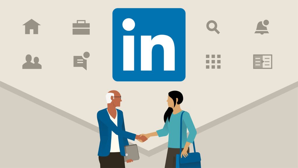 Elderly man and young woman handshake LinkedIn logo professional networking corporate collaboration background Wallpaper