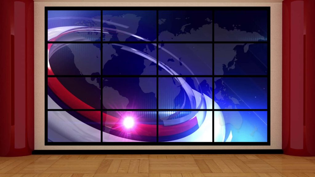 Professional news studio backdrop with digital world map dynamic rings red pillars hardwood floor Wallpaper