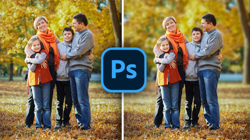 Split-screen Photoshop wallpaper with family in golden autumn park and Adobe Photoshop logo center