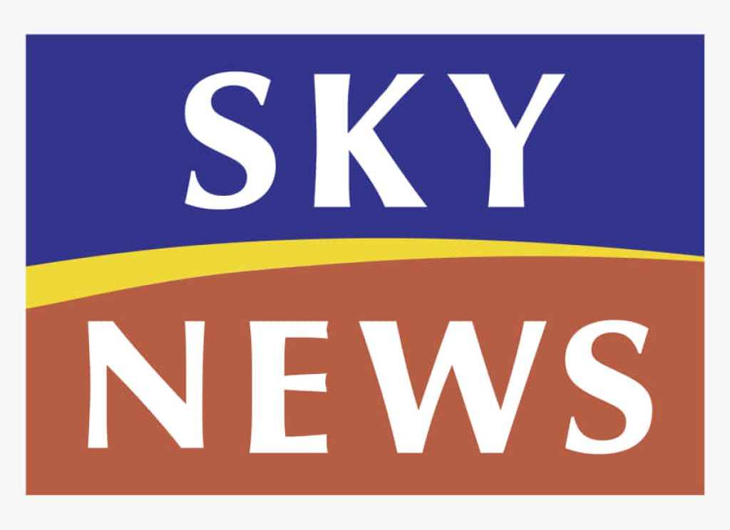 Sky News wallpaper with bold white text blue and brown background yellow curved line design