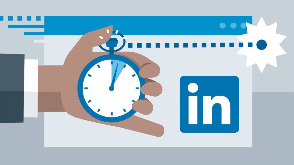Hand holding blue stopwatch with LinkedIn logo on clean background productivity concept wallpaper