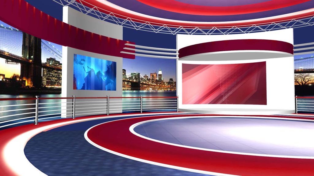 Virtual news studio background with NYC skyline Brooklyn Bridge red blue stage media screens Wallpaper