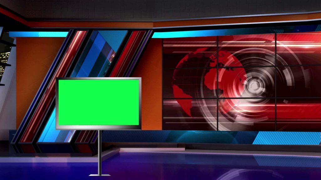 Modern virtual news studio set with green screen and vibrant red digital globe video wall background Wallpaper
