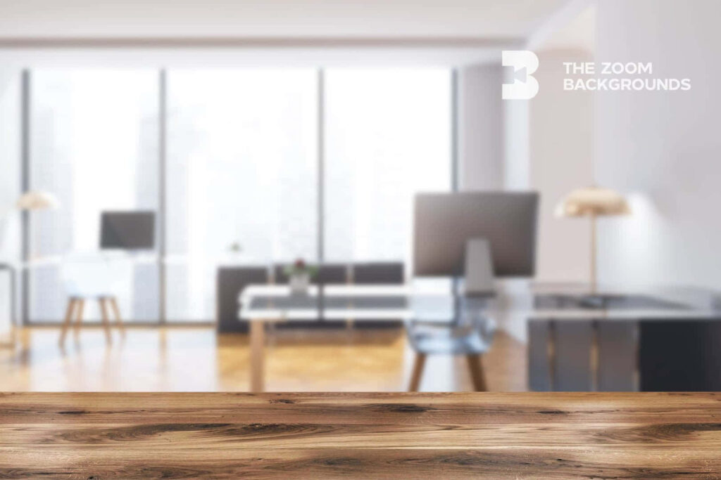 Realistic wooden table mockup with bright blurred office background for professional Zoom calls Wallpaper