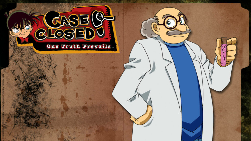 Vibrant Professor Agasa Wallpaper with Detective Conan Logo & Tagline