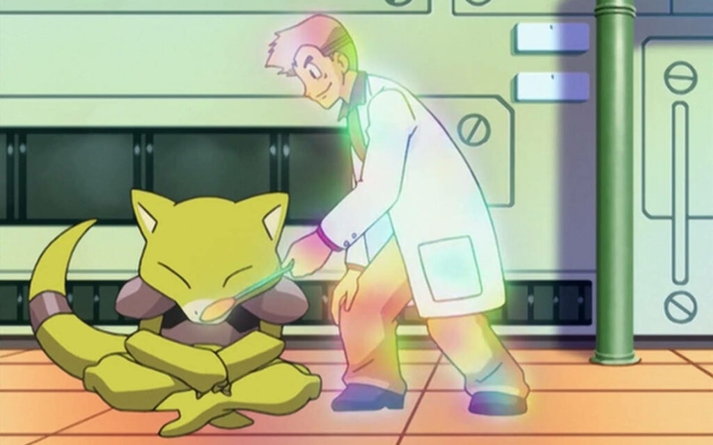 Professor Oak examining psychic Pokémon Abra in a high-tech lab showing scientific curiosity Wallpaper