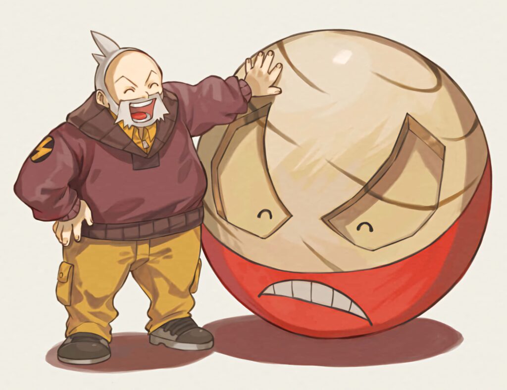 Professor Rowan smiling beside large Hisuian Electrode hand-drawn warm beige red tones wallpaper