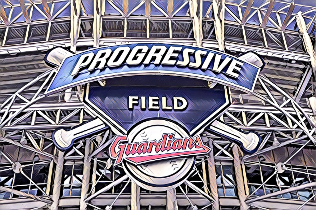 Progressive Field entrance sign wallpaper vibrant art Cleveland Guardians bold colors background