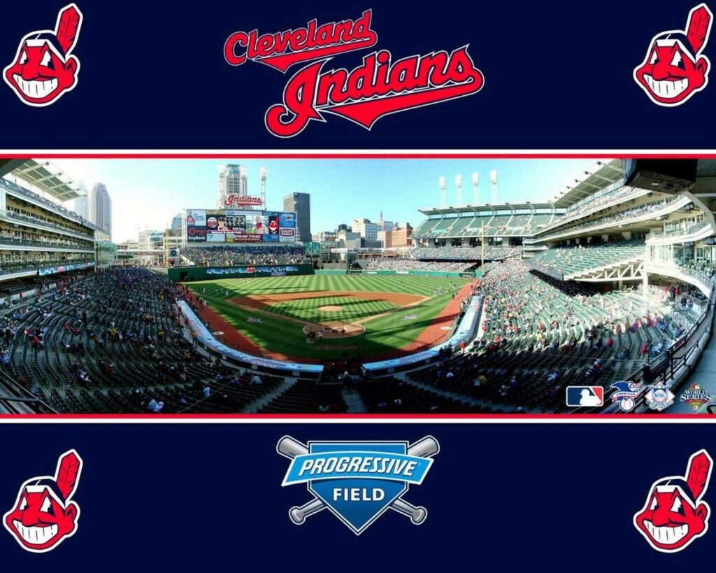 Progressive Field panoramic view with Cleveland Indians logo packed stands and city skyline wallpaper