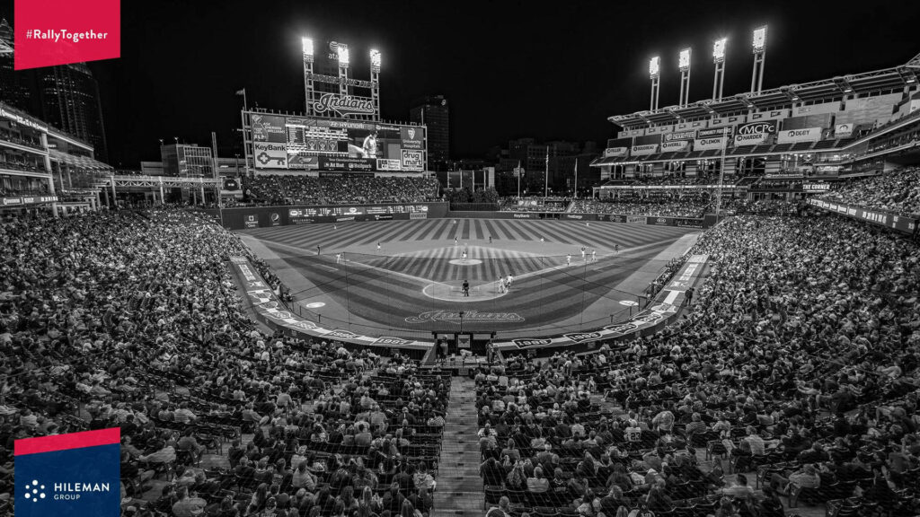 Monochrome night game at Progressive Field Cleveland Indians with illuminated stadium and crowd Wallpaper