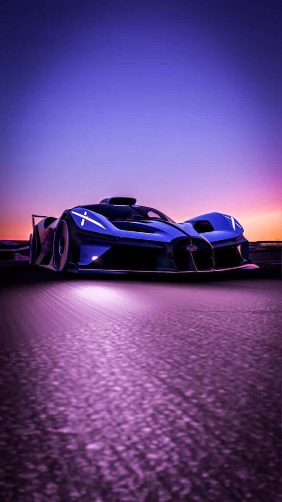Sleek Bugatti racing at twilight with vibrant purple blue hues Project Cars 2 wallpaper background