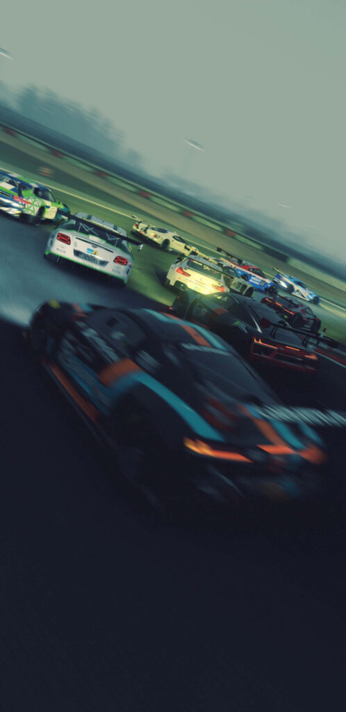Project Cars 2 race with high speed cars on wet track sharp turn intense dynamic gameplay background Wallpaper
