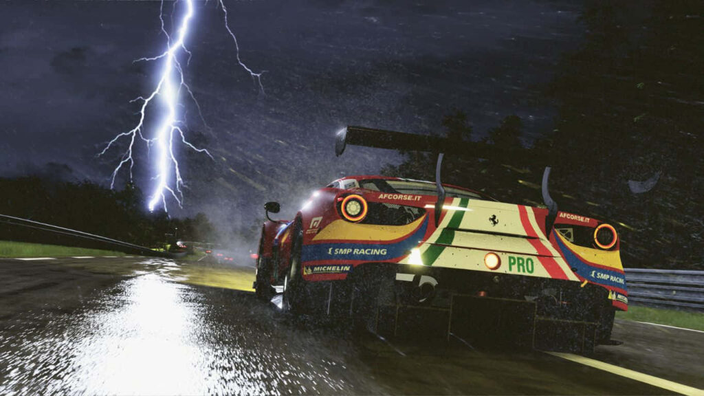 Project Cars 2 LiveTrack 3.0 racing car speeding on wet night track with lightning storm background Wallpaper