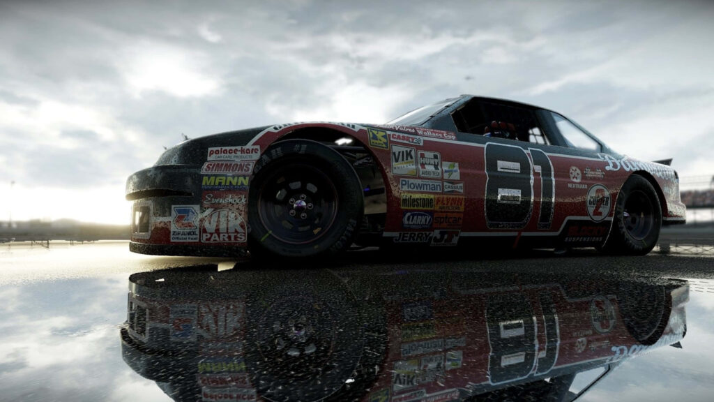 4k Project Cars racing car on wet track with vivid reflections and dramatic sky background Wallpaper