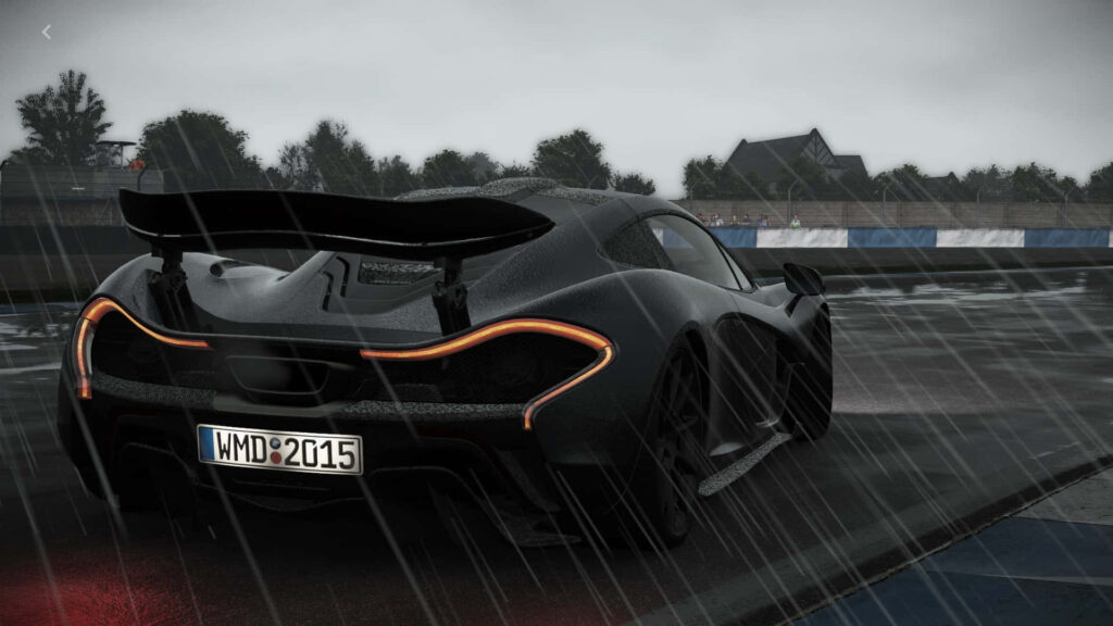 Sleek sports car racing through rainy circuit in high-speed Project Cars wallpaper background