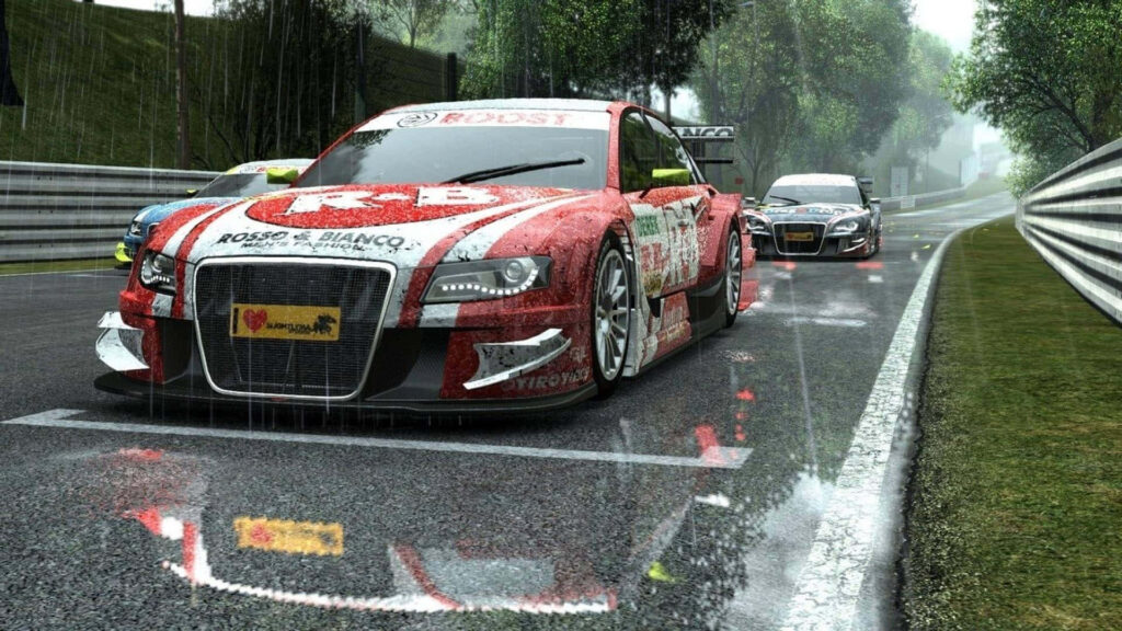 Race car speeding on rain-soaked track in Project Cars intense realistic racing action wallpaper