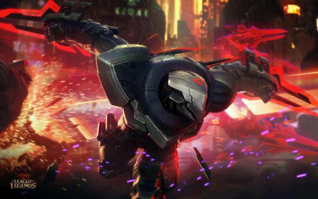 PROJECT Zed cybernetic assassin with red energy blades in neon rainy cyberpunk city wallpaper