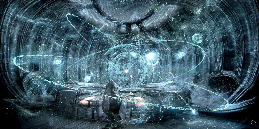 Futuristic Juggernaut ship bridge from Prometheus with glowing blue holographic star map wallpaper
