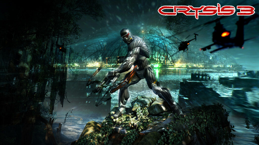 Crysis 3 wallpaper with Prophet in flooded overgrown environment holding high-tech bow in post-apocalyptic setting