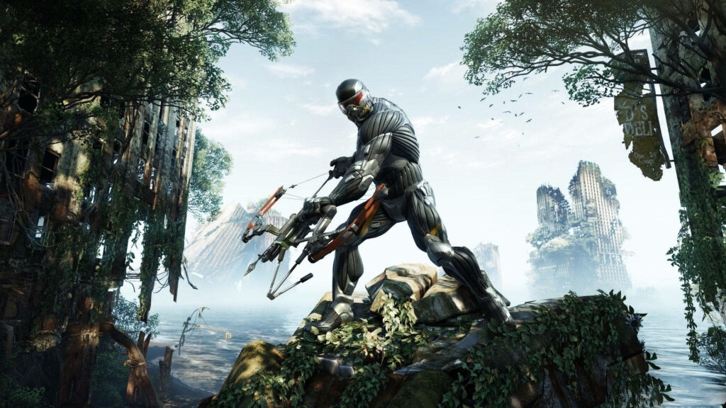 Crysis 3 Wallpaper: Prophet in Nanosuit with High-Tech Bow, Overgrown Cityscape