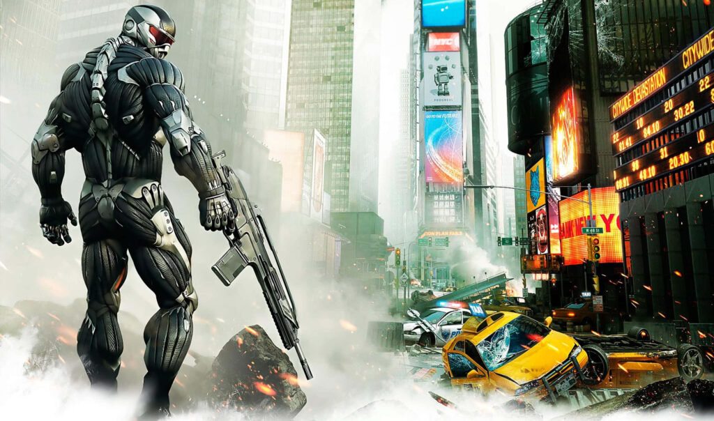 Crysis 3 Prophet in Nanosuit with High-Tech Bow in Urban Chaos Wallpaper