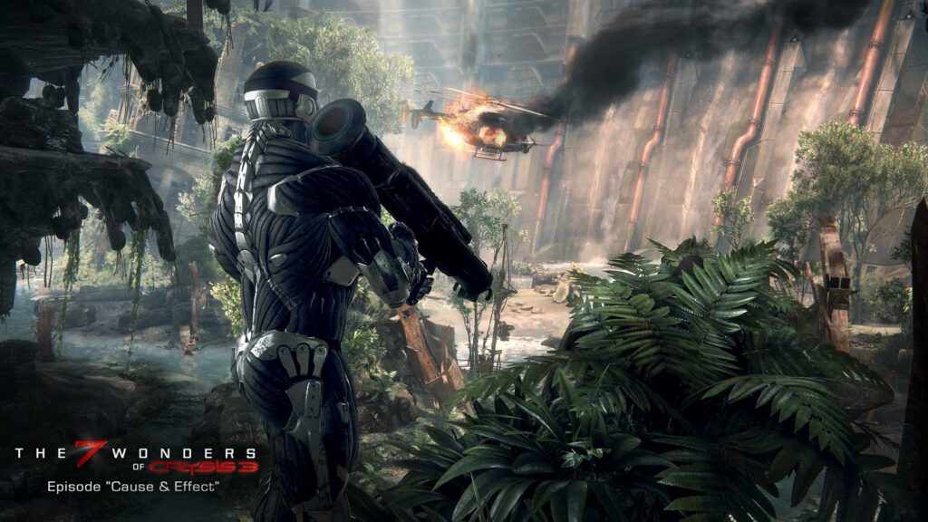 Crysis 3 Prophet in Nanosuit Among Overgrown Ruins with Helicopter 7 Wonders 'Cause & Effect' Wallpaper