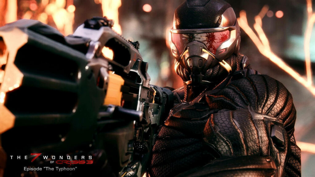 High-res Crysis 3 wallpaper: Prophet in nanosuit with futuristic weapon - The Typhoon episode promo background