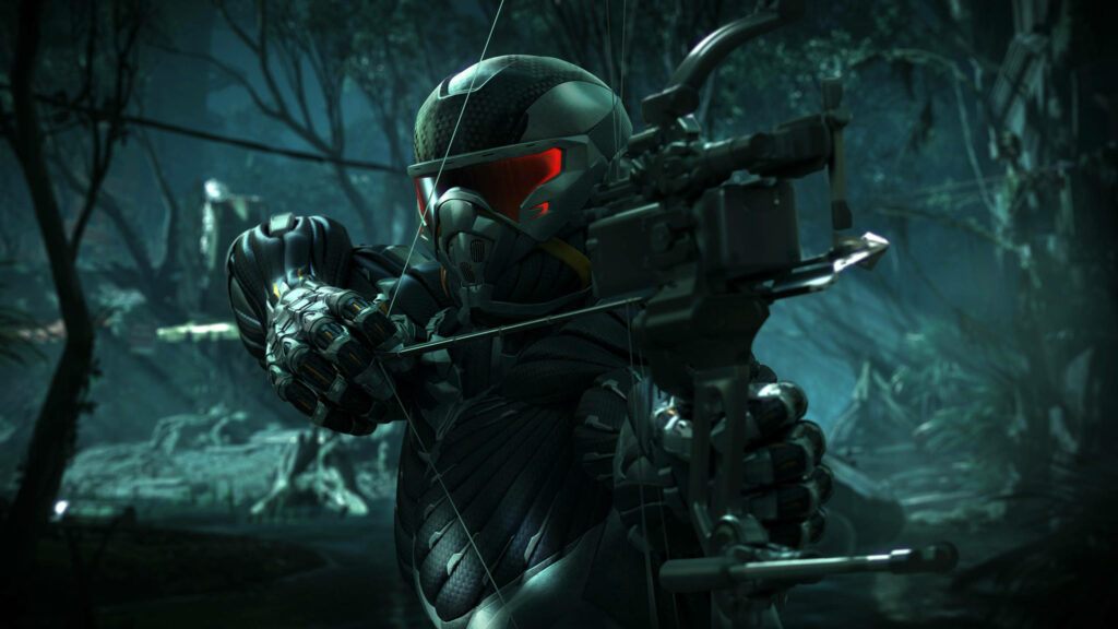 Crysis 3 Prophet with Compound Bow in High-Tech Nanosuit on Forest Background Wallpaper