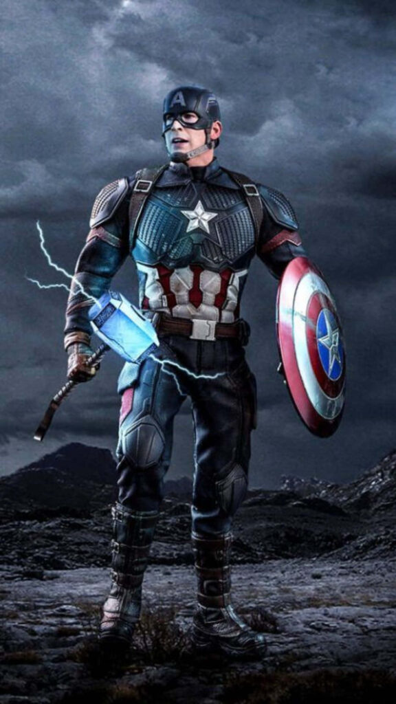 The Mighty Avenger: Captain America Brandishes His Iconic Shield Amidst a Foreboding Night Sky - Striking Captain America Android Wallpaper