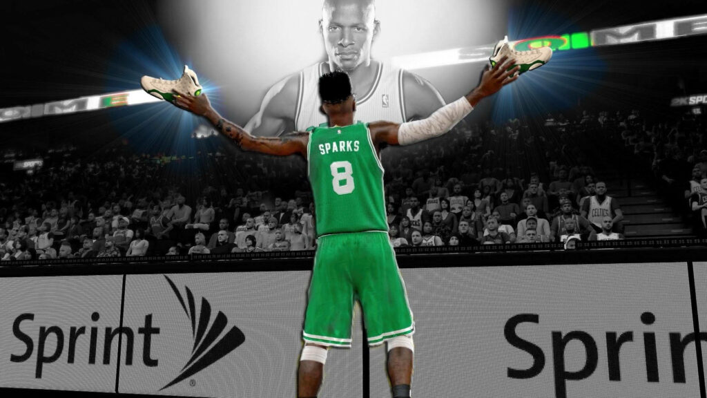 Boston Celtics player with open arms admiring glowing Ray Allen portrait basketball wallpaper