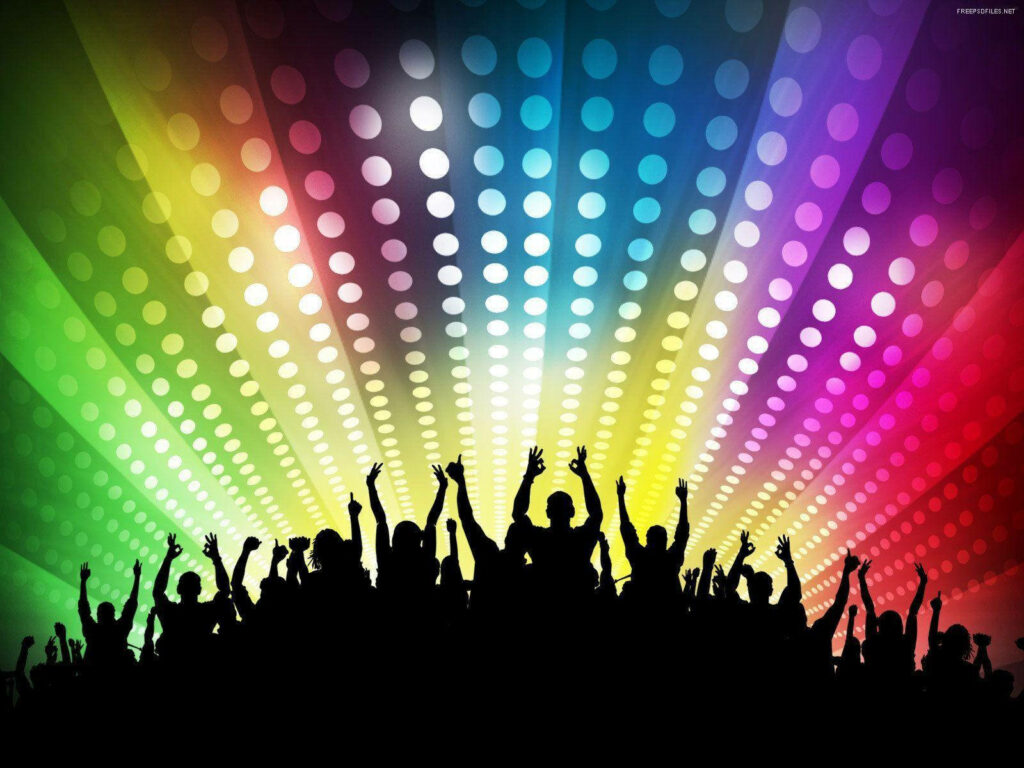 Joyful dancing silhouettes with rainbow sunburst Pride themed bright festive wallpaper background