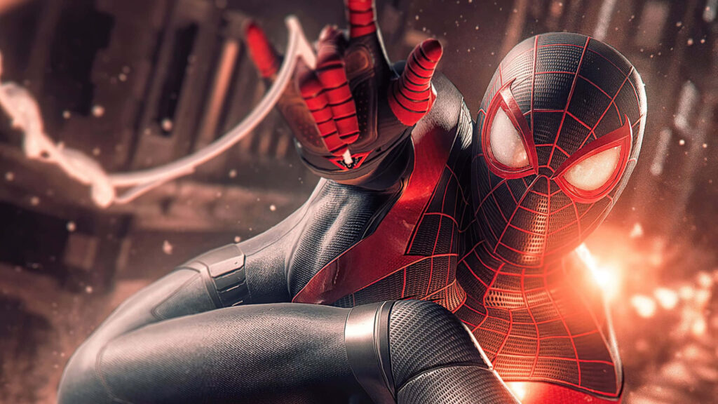 Miles Morales Spider-Man in iconic suit with dynamic backdrop - image capture from Spider-Verse. Wallpaper
