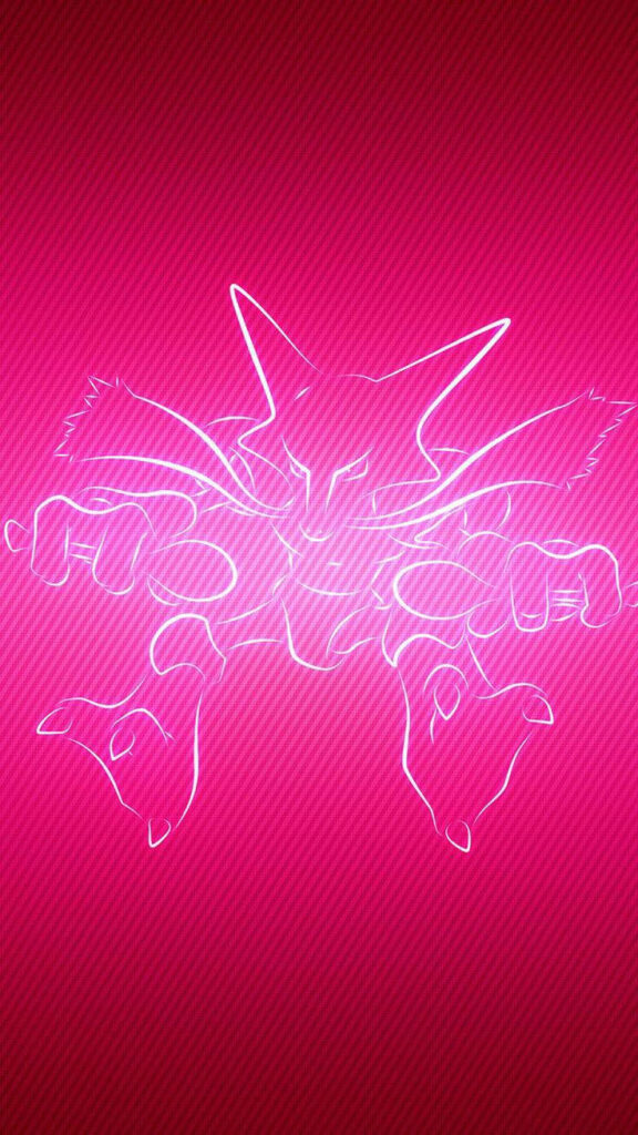 Majestic Alakazam: A Vibrant Red Background Complements the Pink Silhouette in This Phone Wallpaper
