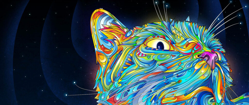 Psychedelic Cat Vector Art Wallpaper: Colorful Cosmic Background
