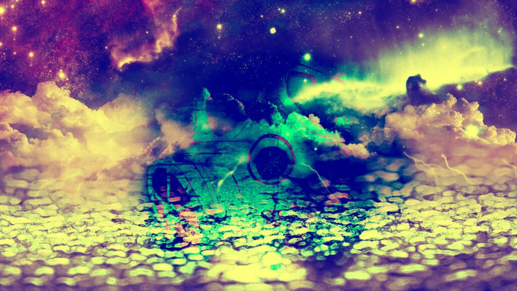 Mystical Illusions: Mesmerizing Psychedelic Clouds Embracing a Celestial Galaxy, Hints of Watery Ripples Add Ethereal Depth - Psychedelic Cloud Background Wallpaper