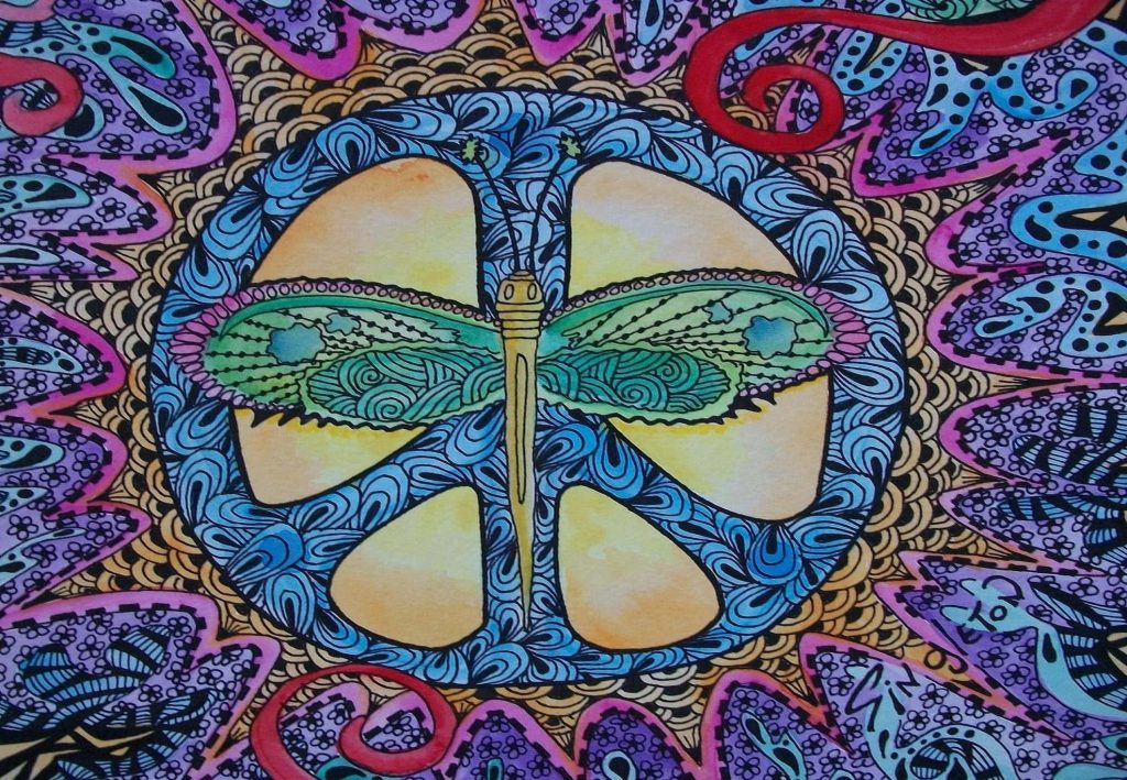 Psychedelic dragonfly on peace sign with colorful swirls retro bohemian wallpaper background