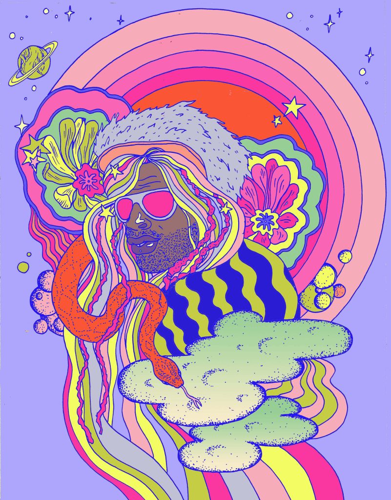 Psychedelic George Clinton digital art wallpaper with cosmic purple background and swirling patterns