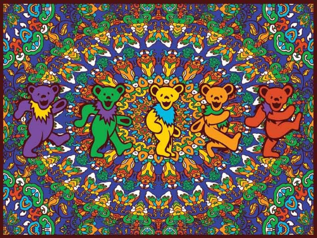 Psychedelic Grateful Dead dancing bears in vibrant kaleidoscopic colorful trippy wallpaper