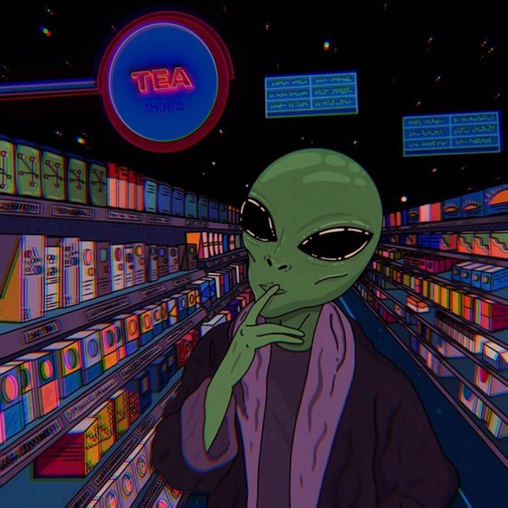 Psychedelic digital art of green alien with black eyes shushing in neon grocery aisle wallpaper background
