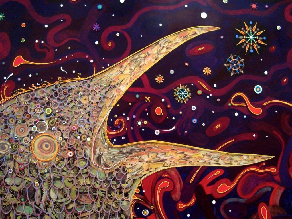 Psychedelic hippie creature with intricate patterns floating in cosmic purple starry background wallpaper
