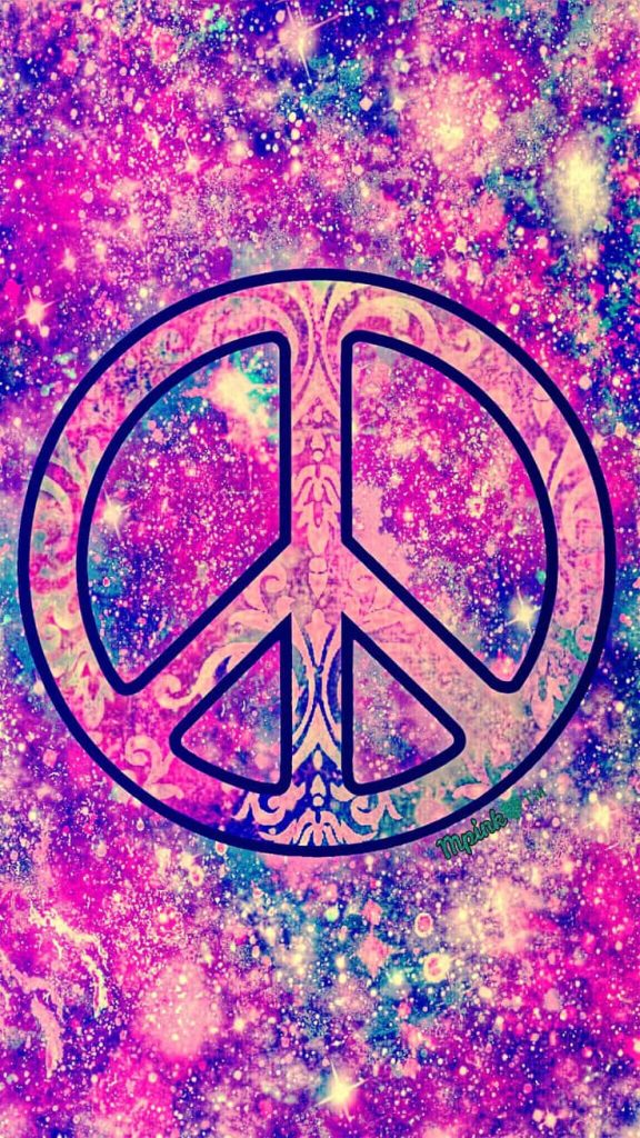 Psychedelic hippie peace sign wallpaper with vibrant galaxy background and vintage damask pattern