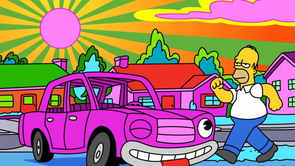Vibrant psychedelic cartoon wallpaper of Homer Simpson walking past smiling pink car with sunburst sky