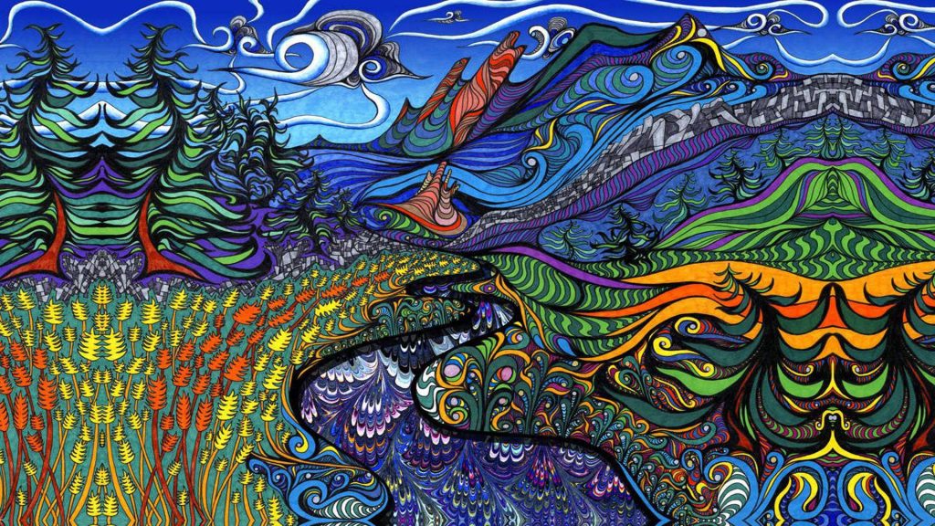 Psychedelic landscape wallpaper with swirling river mountains evergreen trees colorful hippie patterns