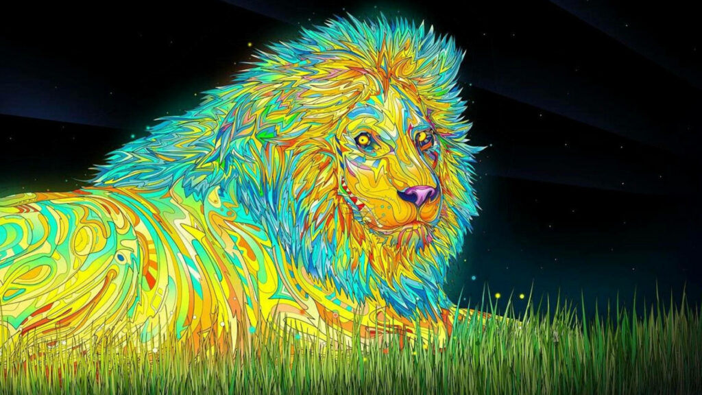 Psychedelic Lion Art Wallpaper: Vibrant Neon Kaleidoscope Design