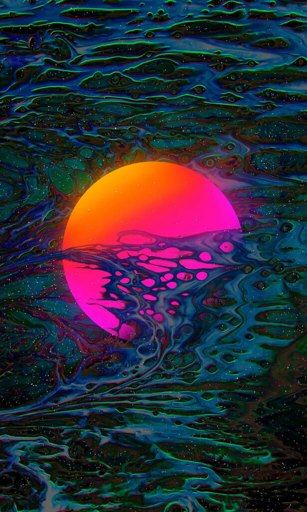 Surreal Celestial Spectacle: Mesmerizing Moon Bathed in Vibrant Hues Amidst Mysterious Clouds Wallpaper