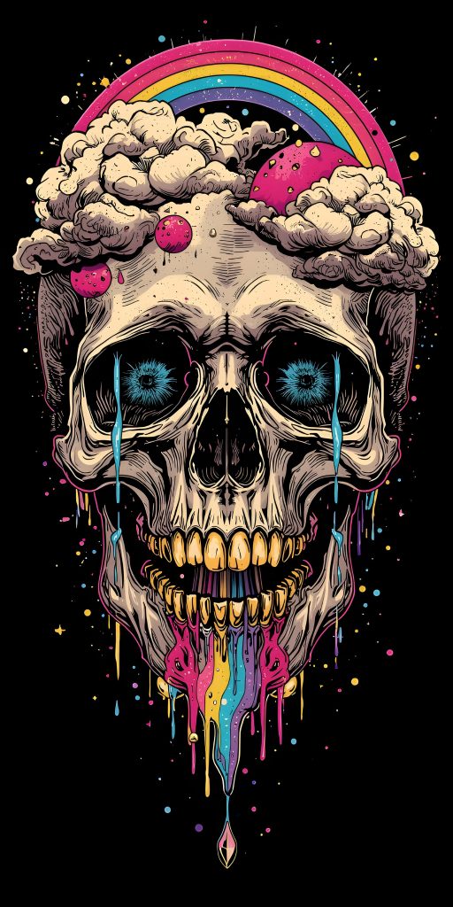 Vibrant mystical psychedelic skull wallpaper with rainbow crown glowing blue eyes on black background